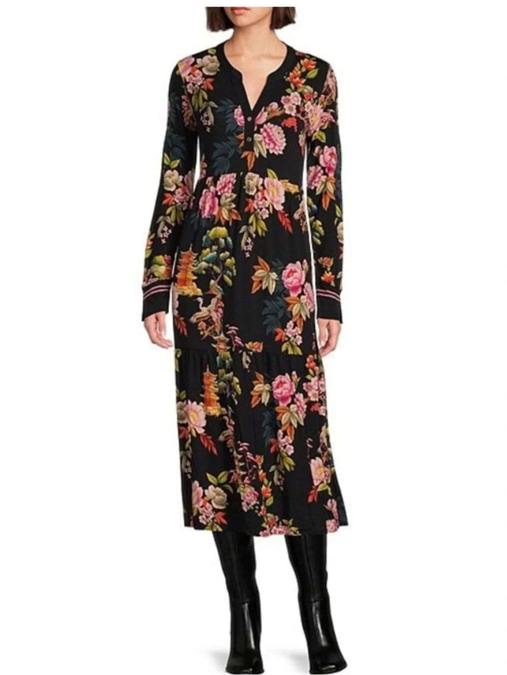 NWT JOHNNY WAS
Janie Floral Print Bamboo Knit Split V-Neck Long Sleeve Dress - Picture 1 of 8